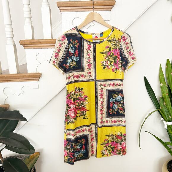 Farm Rio Anthropologie Regal Floral Patchwork Dress Yellow Multicolor XS Petite - Picture 2 of 7